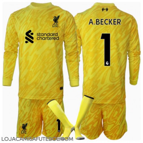 Camisa de Futebol Liverpool Alisson Becker #1 Goleiro Equipamento Alternativo Infantil 2024-25 Manga Comprida (+ Calças curtas)
